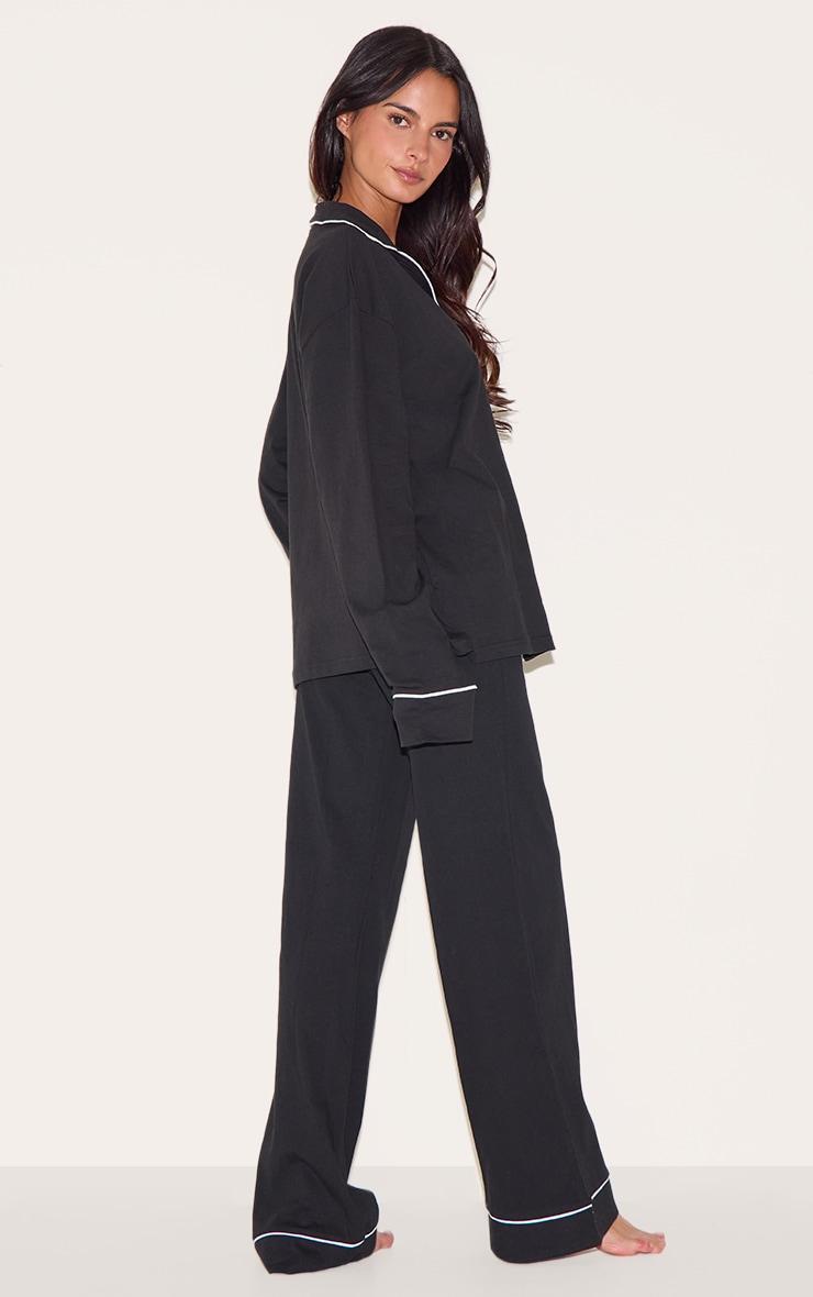 Black Oversized Jersey Piping Detail Long PJ Set Product Image