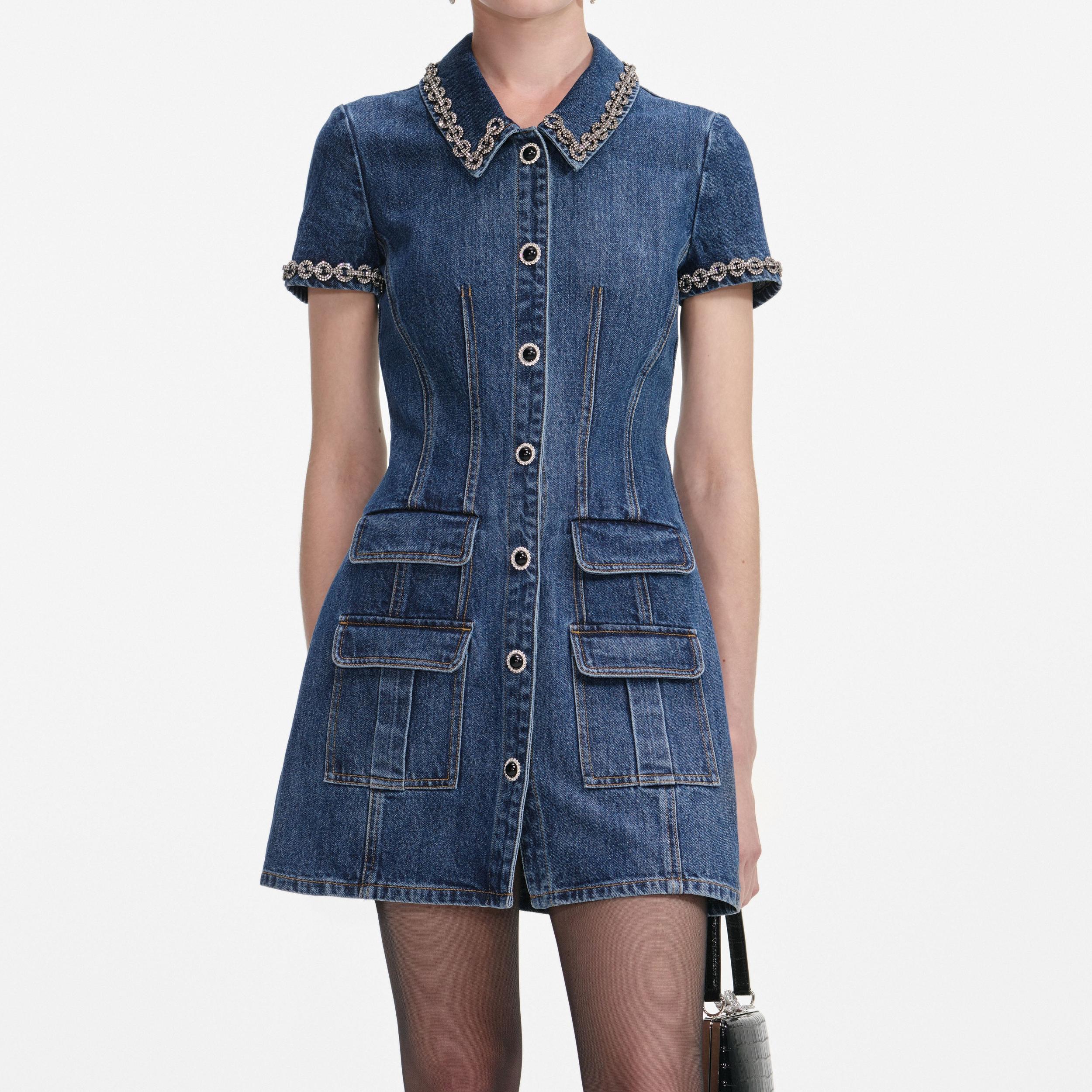 Denim Crystal Trim Collared Mini Dress Product Image