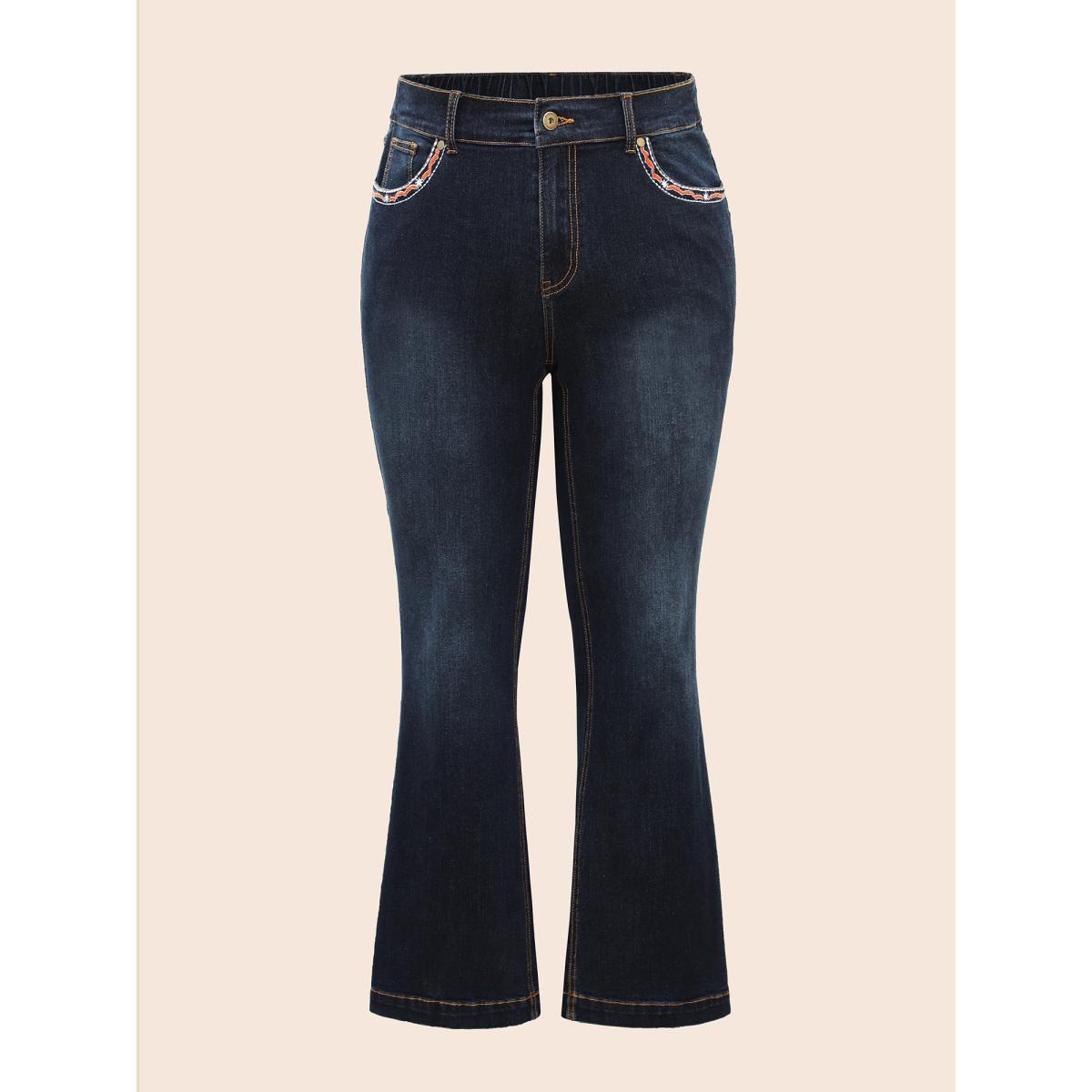Plus Size Stretch Denim Front Embroided Pockets Flare Jeans Women Darkindigo Casual Embroidered Medium stretch Slanted pocket Jeans BloomChic 10/M Product Image