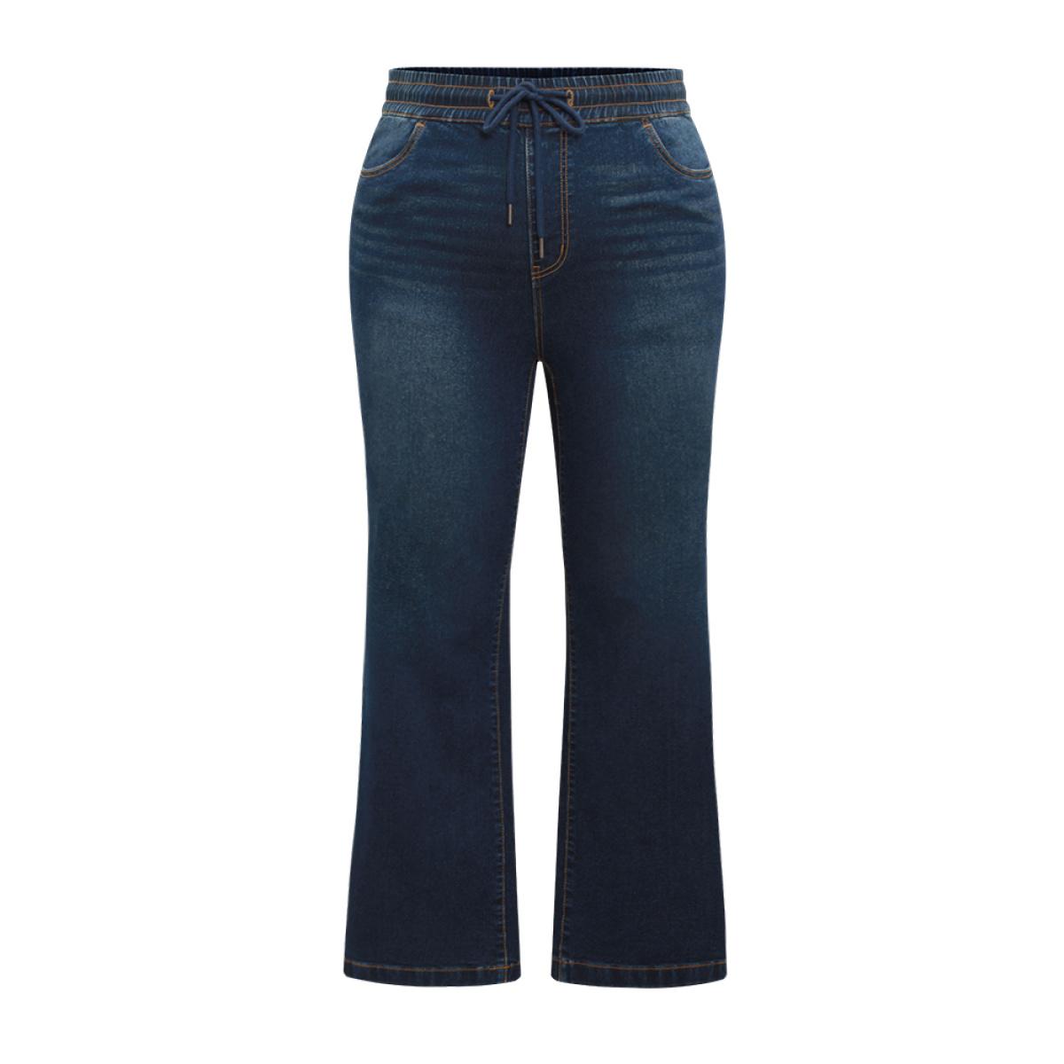 Plus Size Dark Wash Elastic Waist Drawstring Straight Leg Jeans Women Indigo Casual Plain Plain High stretch Pocket Jeans BloomChic 16/1X Product Image