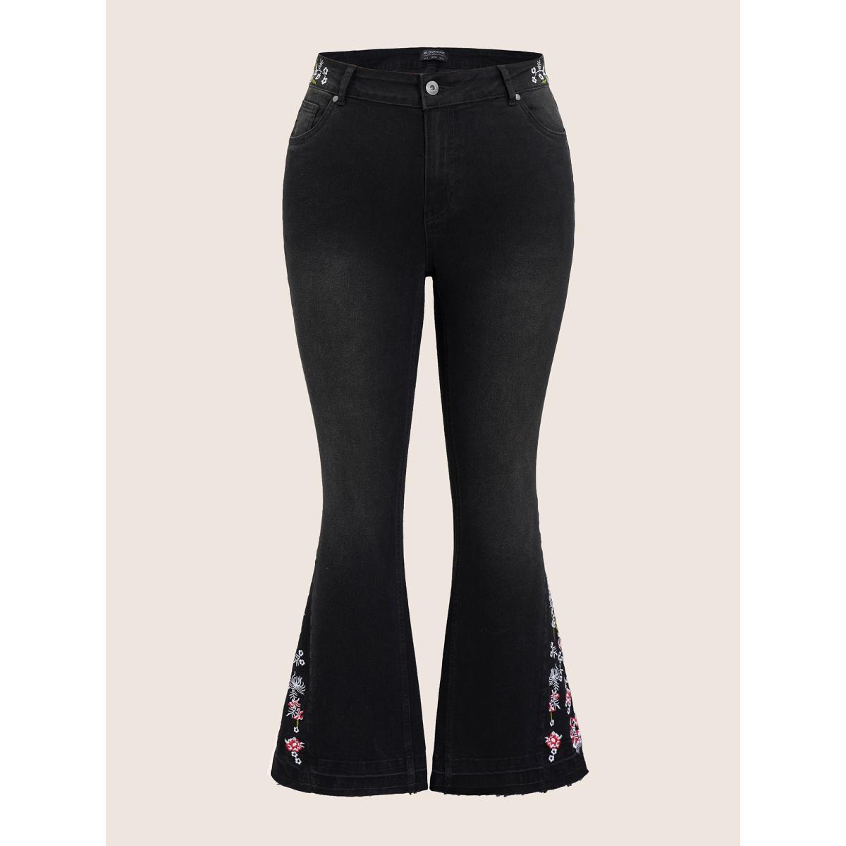 Plus Size Floral Embroidered Raw Hem Bootcut Jeans Women Black Elegant Plants Non High stretch Slanted pocket Jeans BloomChic 30/6X Product Image