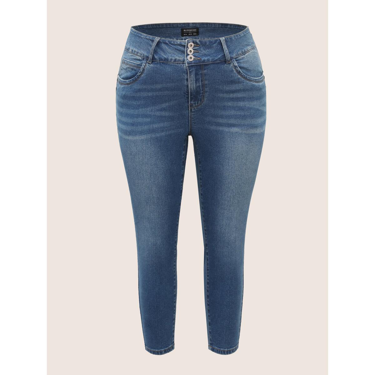 Plus Size Medium Wash Slim Cropped Jeans Women Blue Casual Button High stretch Slanted pocket Jeans BloomChic 18/2X Product Image