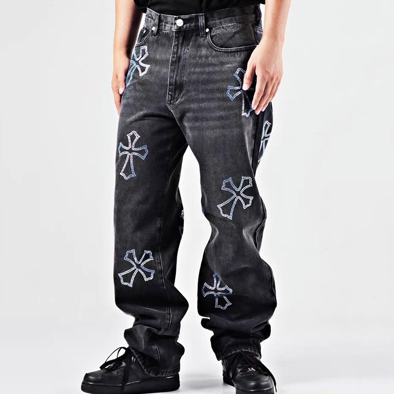 Men's Street Ecross Rhinestone Denim Straight Pants Product Image