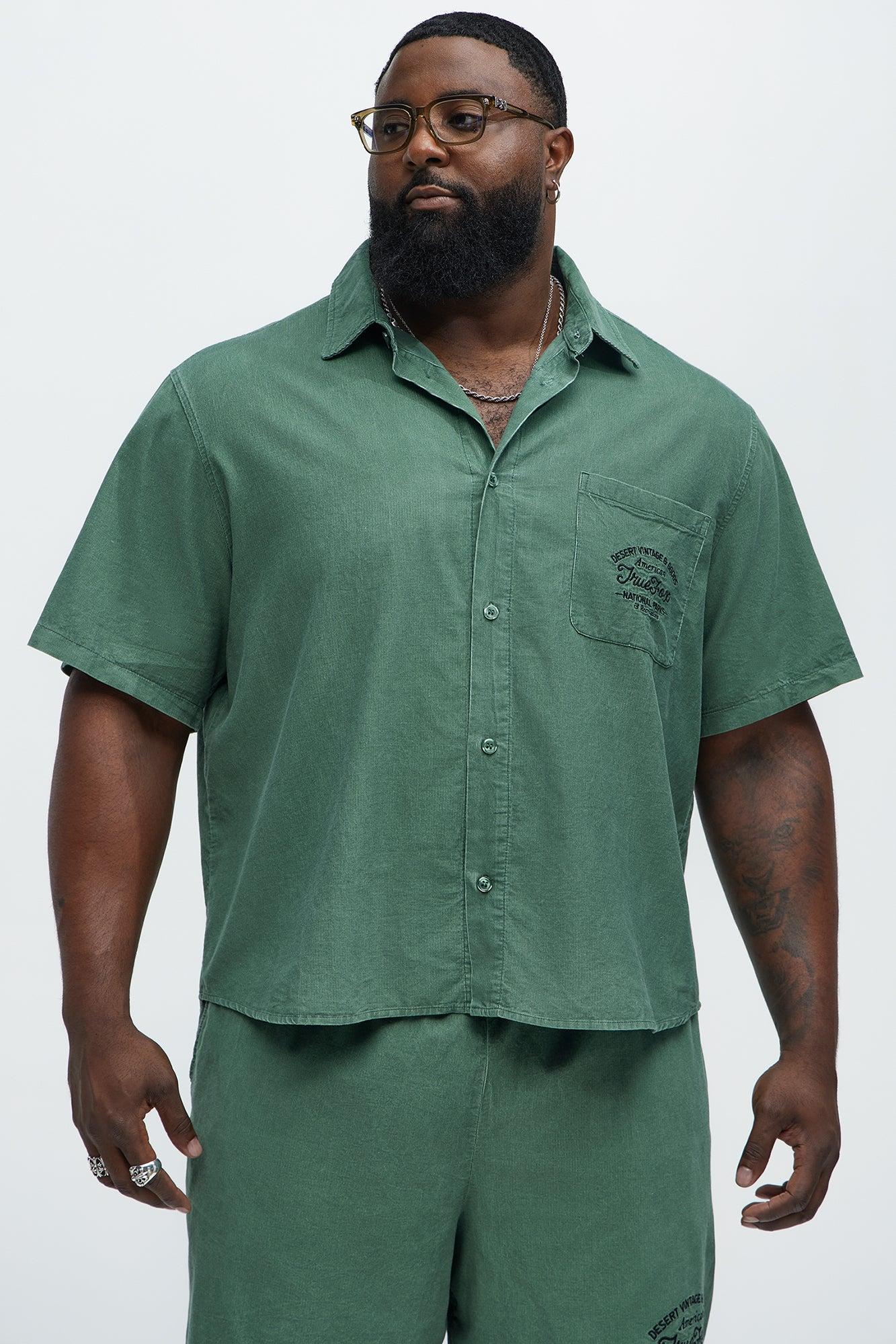 Retro Embroidered Corduroy Short Sleeve Shirt - Green Product Image