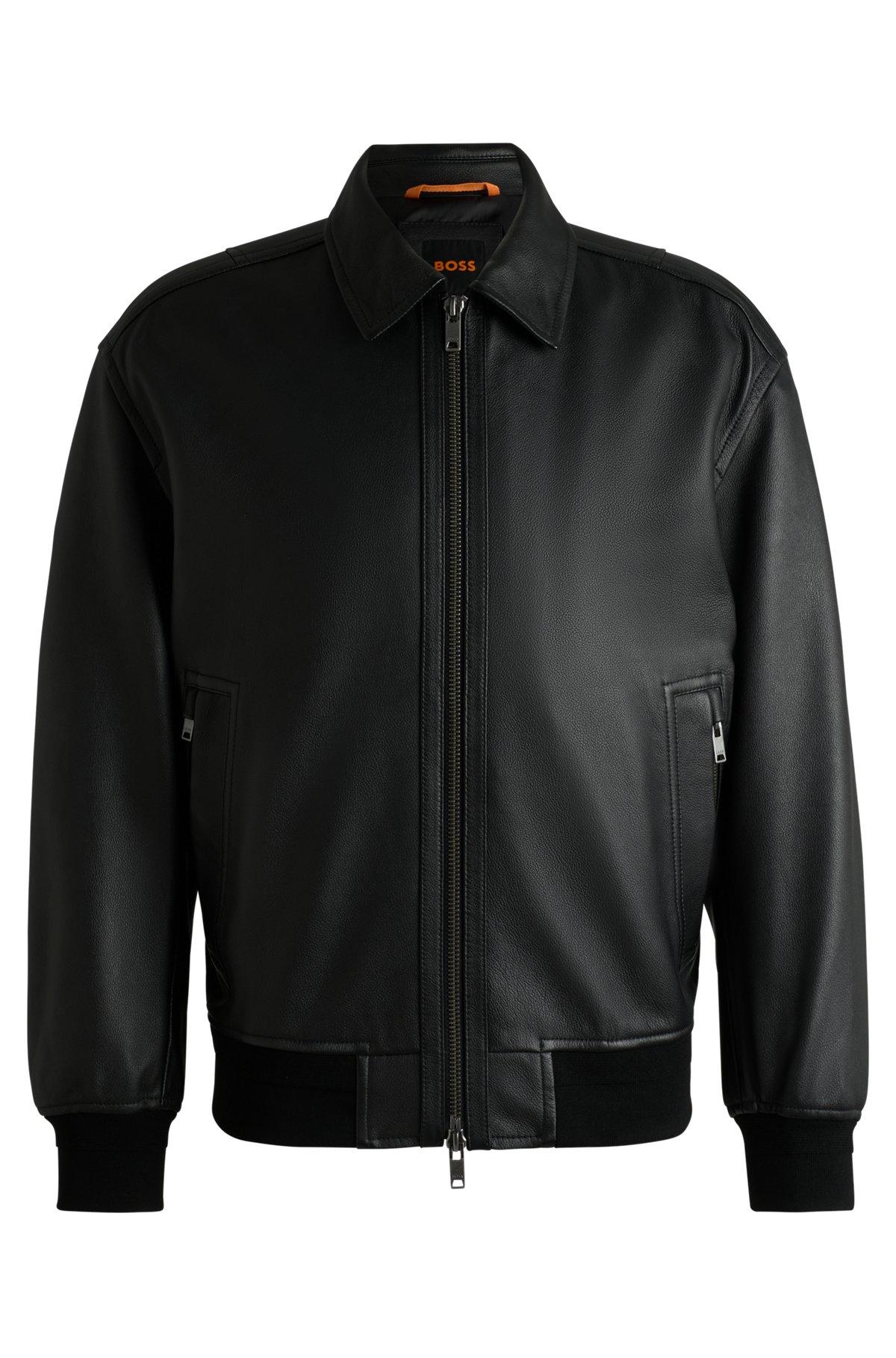 BOSS - Relaxed-fit bomber jacket in treated leather - Black Product Image