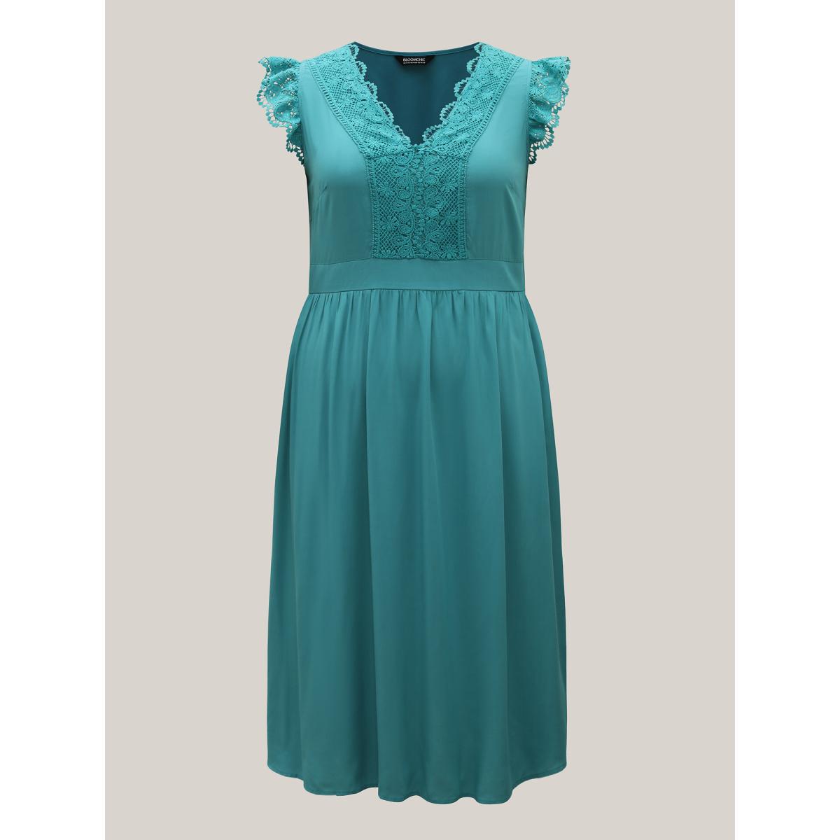 Plus Size Lace Detail Pockets Flutter Sleeve Midi Dress Turquoise Women V-neck Cap Sleeve Curvy BloomChic 10/M Product Image