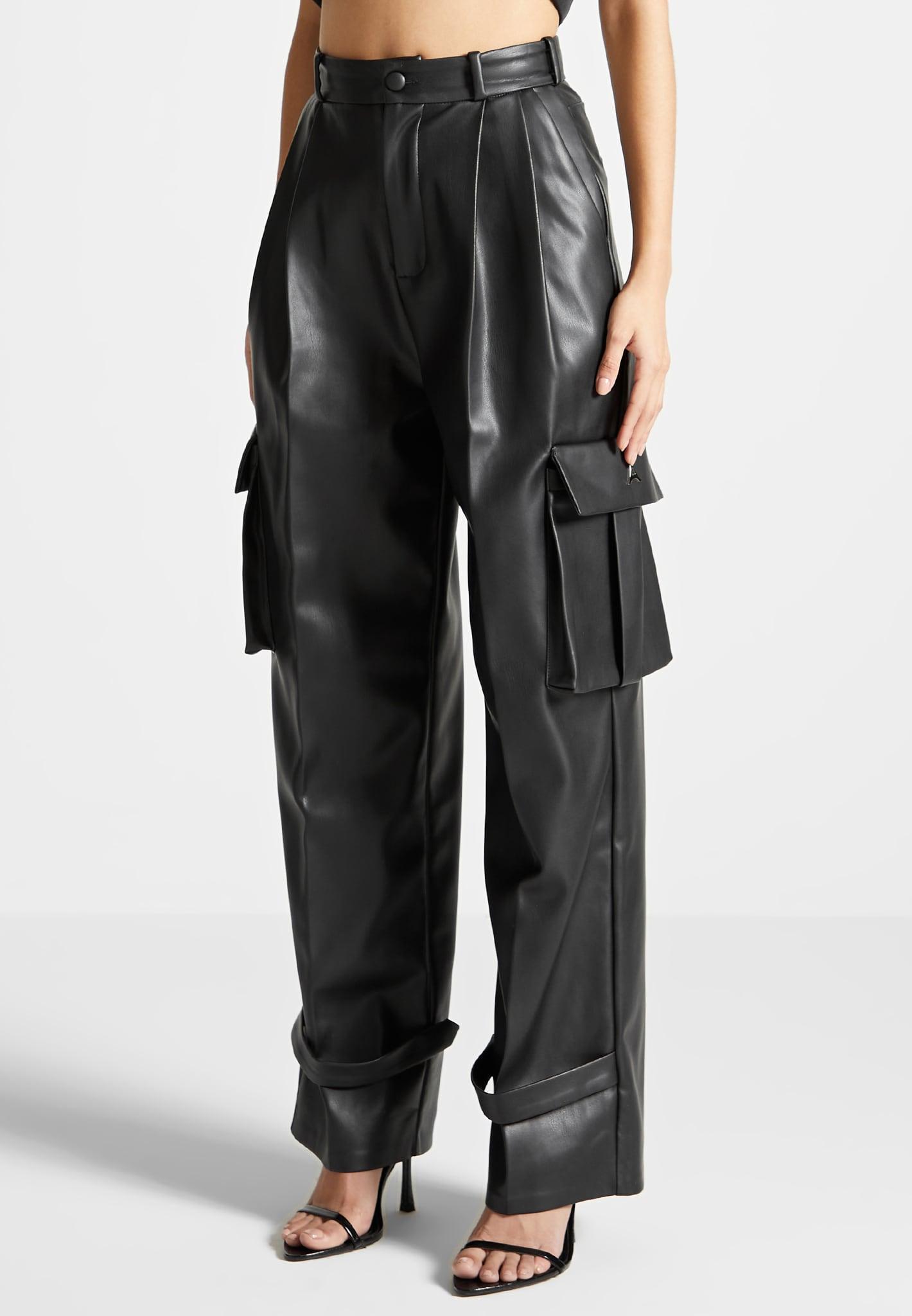 Danielle - Leather Pleated Cargo Trousers - Black Female Product Image