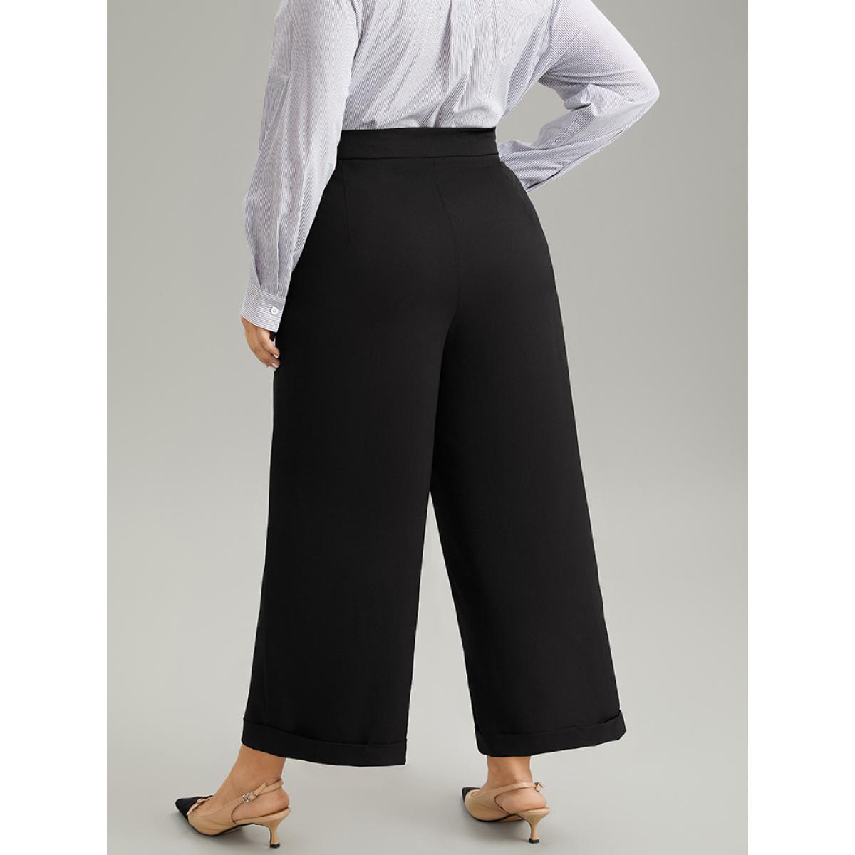 Plus Size Plain Metal Detail Pocket Wide Leg Pants Women Black Office Wide Leg High Rise Office Pants BloomChic 18-20/2X Product Image