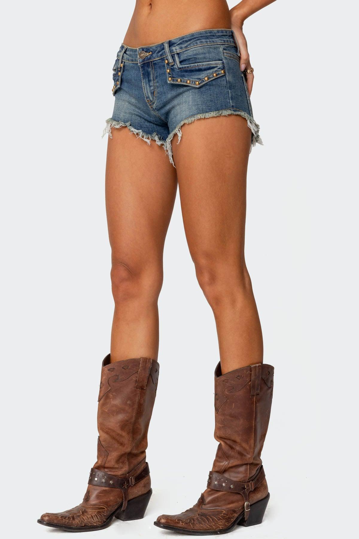 Studded Low Rise Denim Micro Shorts Product Image