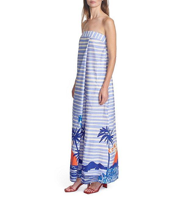 COREY LYNN CALTER Thalia Scenic Print Linen Blend Pintuck Strapless Sleeveless Maxi Dress Product Image