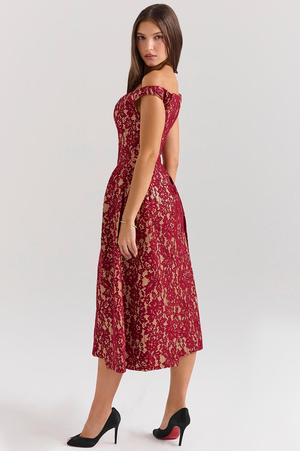 Charming  gold and berry lace midi off shoulder dress Product Image