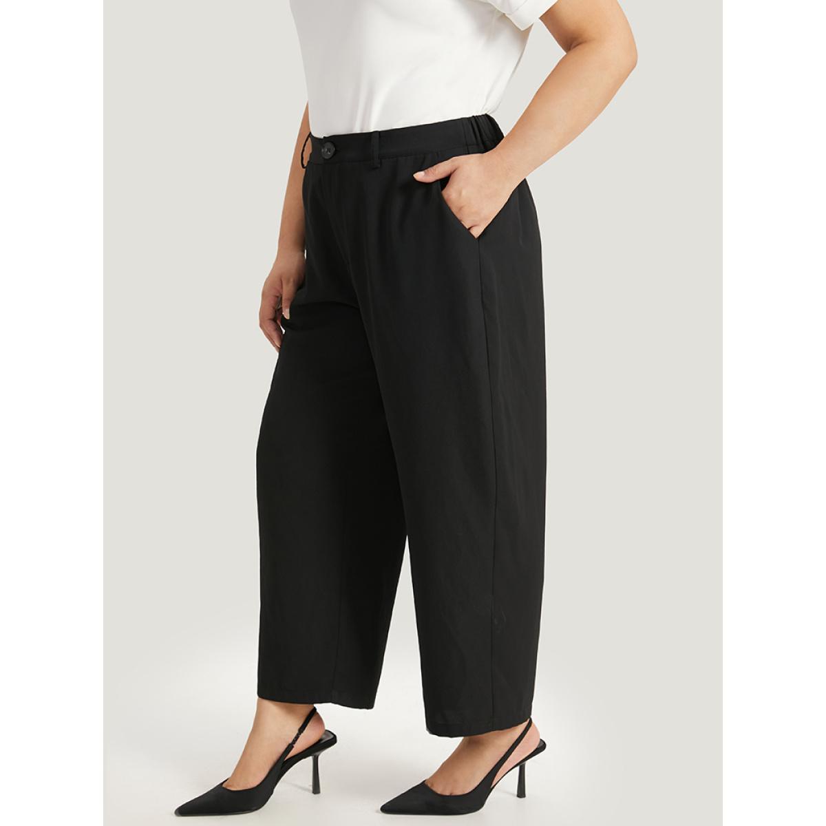 Plus Size Plain Pocket Elastic Waist High Rise Pants Women Indigo Office Straight Leg High Rise Work Pants BloomChic 22-24/3X Product Image