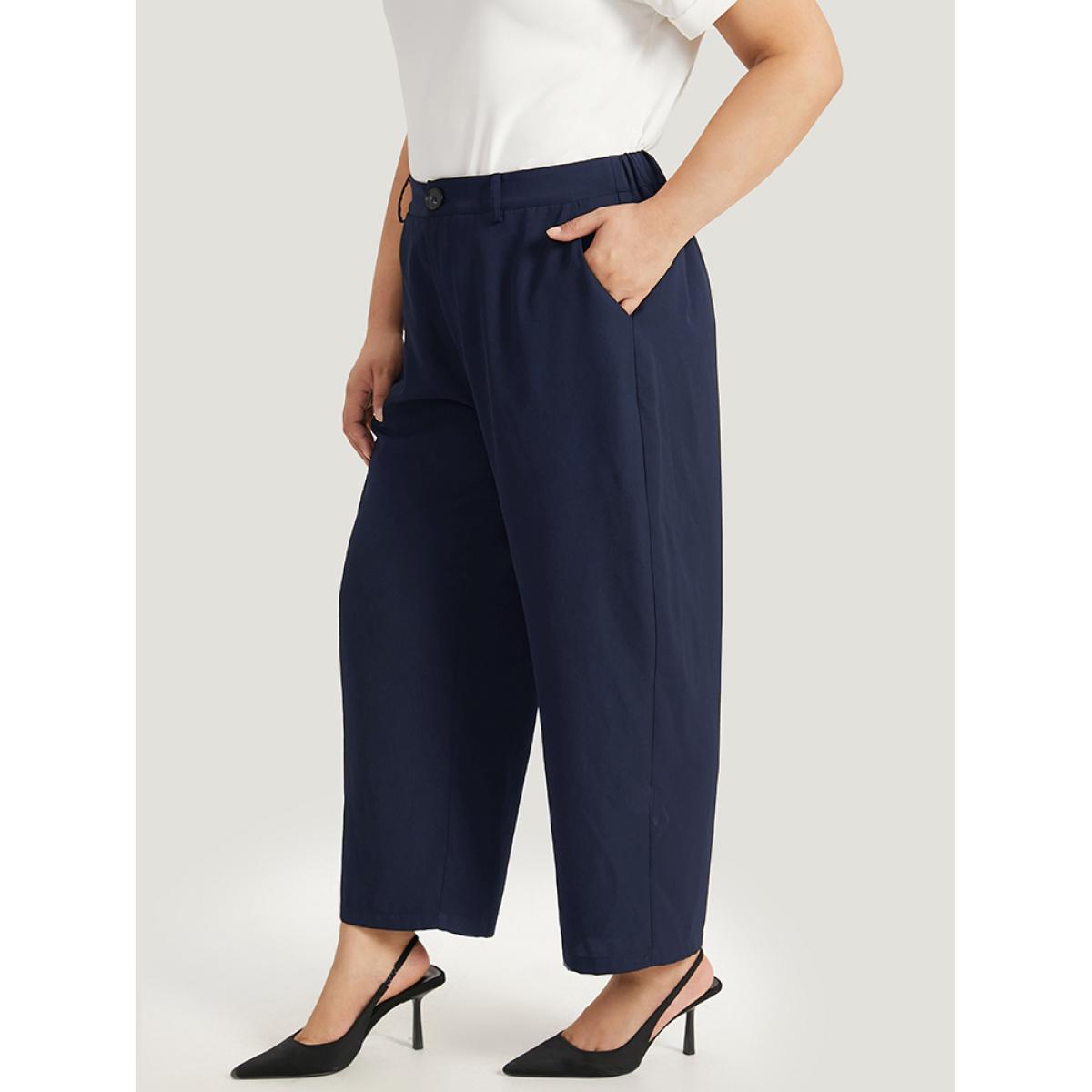 Plus Size Plain Pocket Elastic Waist High Rise Pants Women Indigo Office Straight Leg High Rise Work Pants BloomChic 12/L Product Image