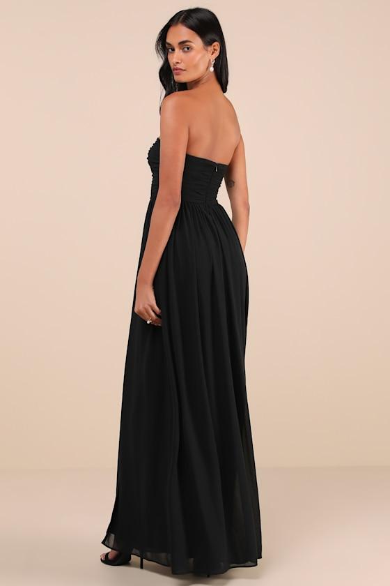 Luxe Favorite Black Strapless Ruched Maxi Dress Product Image