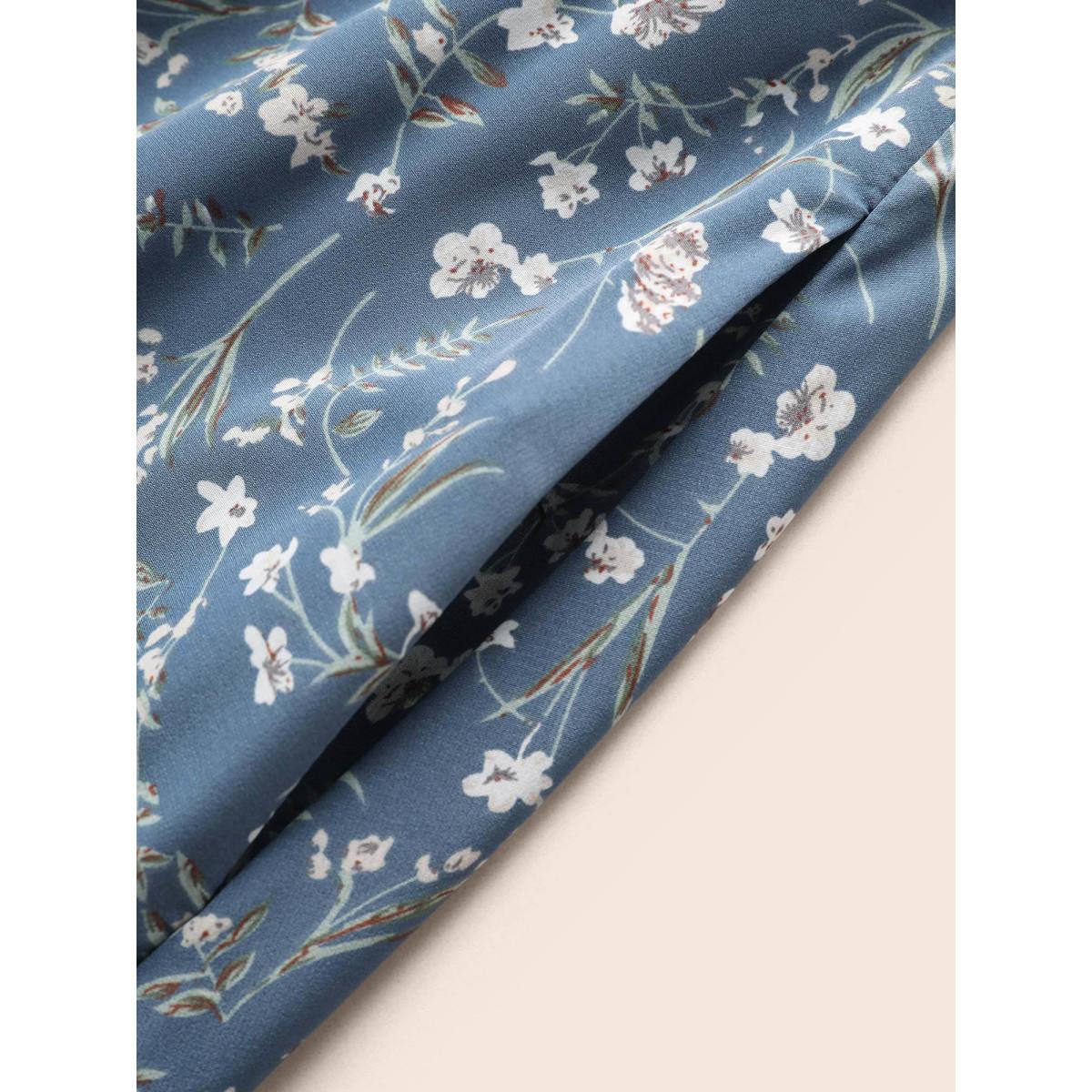 Plus Size Ditsy Floral Pocket Square Neck Shirred Ruffles Dress Stone Women Elegant Non Square Neck Short sleeve Curvy Midi Dress BloomChic 30/6X Product Image