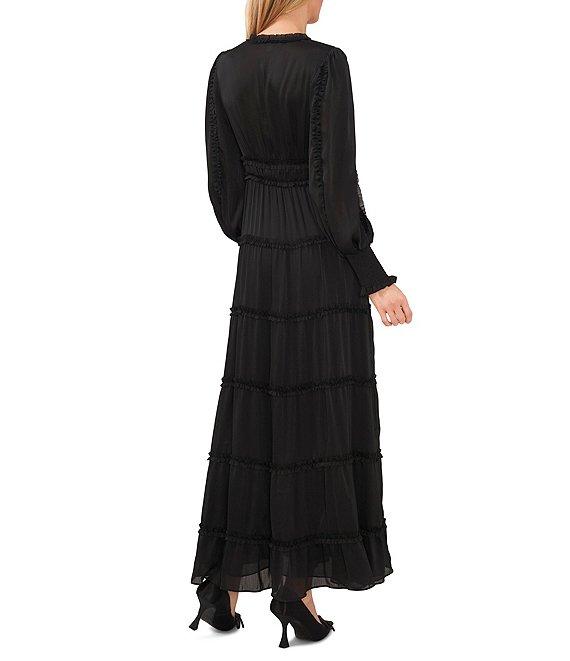 Chelsea & Violet Plisse Satin Ruffle Deep V-Neck Long Smocked Cuff Sleeve Tiered Maxi Dress Product Image