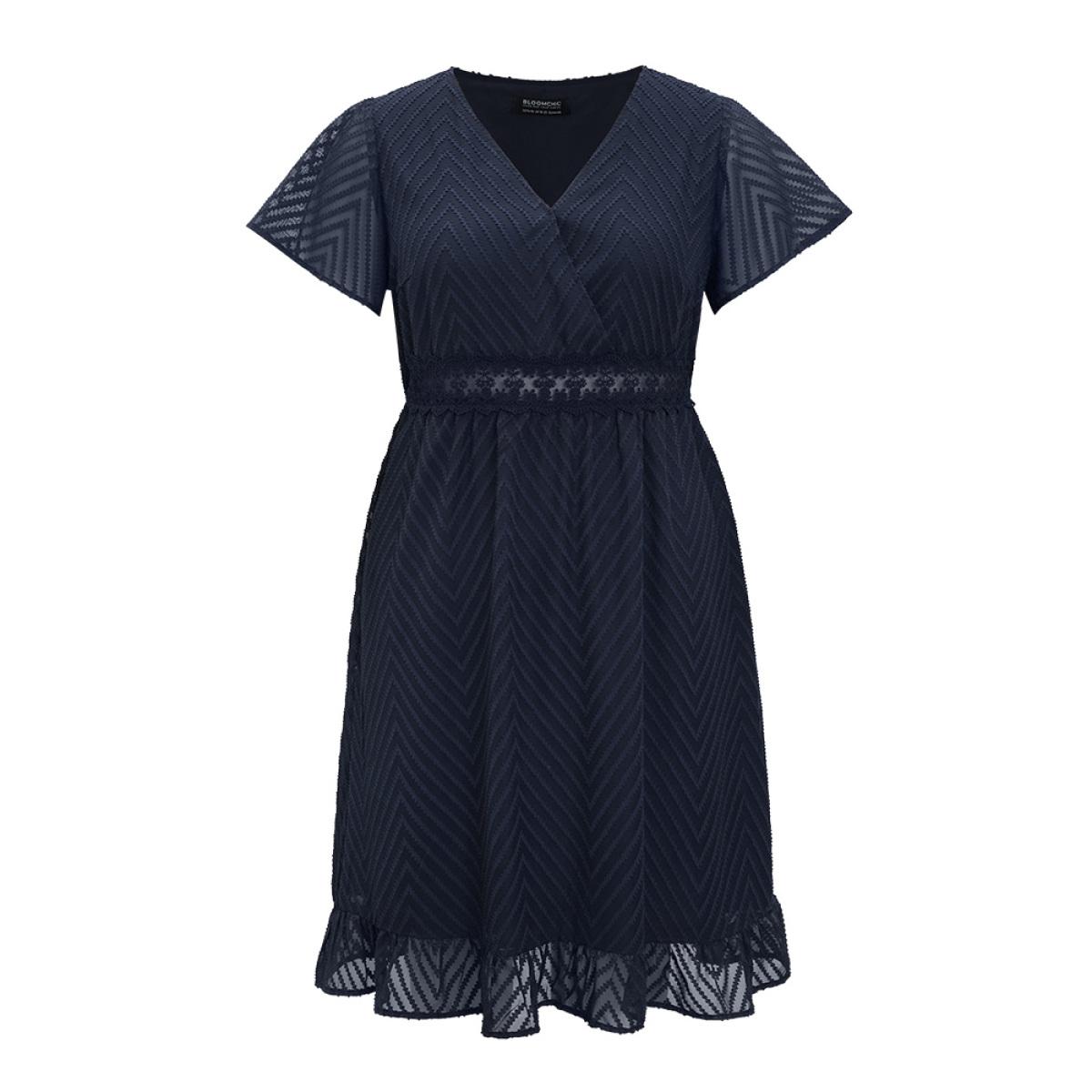 Plus Size Plain Geometric Pocket Wrap Mesh Lace Insert Ruffle Dress Indigo Women Elegant Lined V-neck Short sleeve Curvy Knee Dress BloomChic 30/6X Product Image