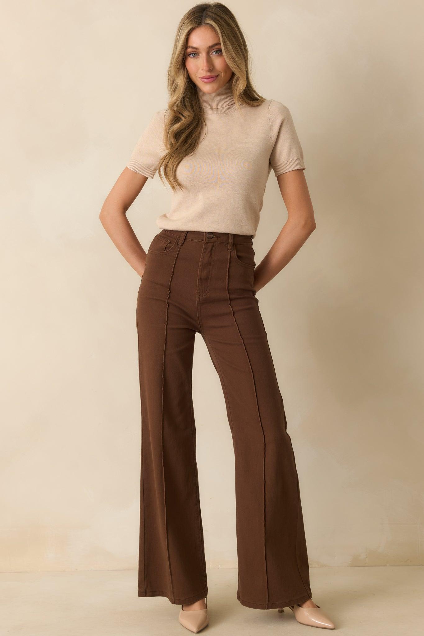 Already Over It Brown Cotton High Waisted Wide Leg Flare Jeans L / Brown Product Image