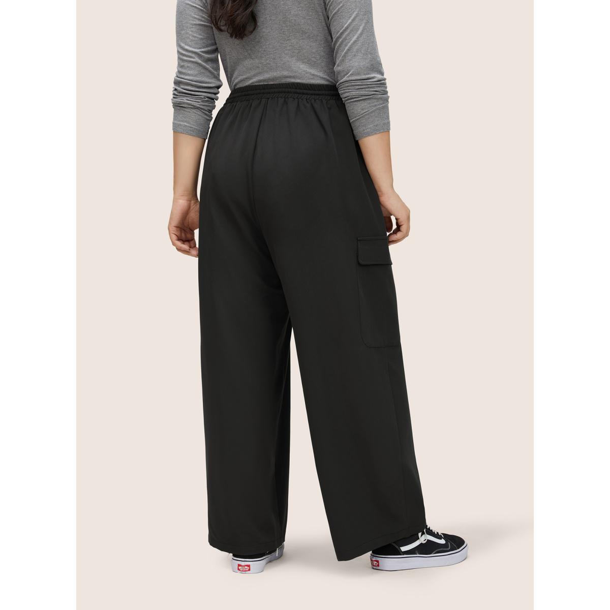 Plus Size Plain Pocket Drawstring Elastic Waist Straight Leg Pants Women Black Casual Straight Leg High Rise Everyday Pants BloomChic 14-16/1X Product Image