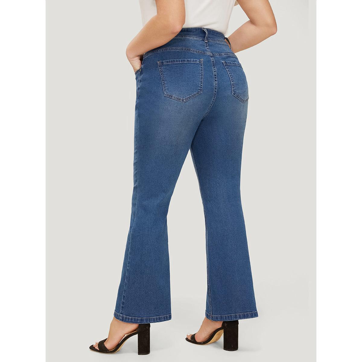 Plus Size Flare Leg Very Stretchy Medium Wash Jeans Women Blue Casual Plain High stretch Pocket Jeans BloomChic 30/6X Product Image