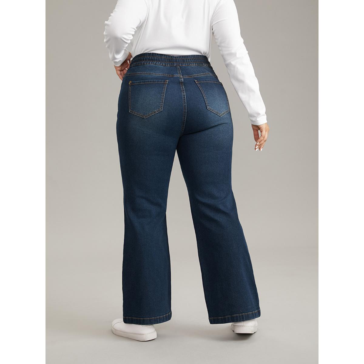 Plus Size Dark Wash Elastic Waist Drawstring Straight Leg Jeans Women Indigo Casual Plain Plain High stretch Pocket Jeans BloomChic 16/1X Product Image