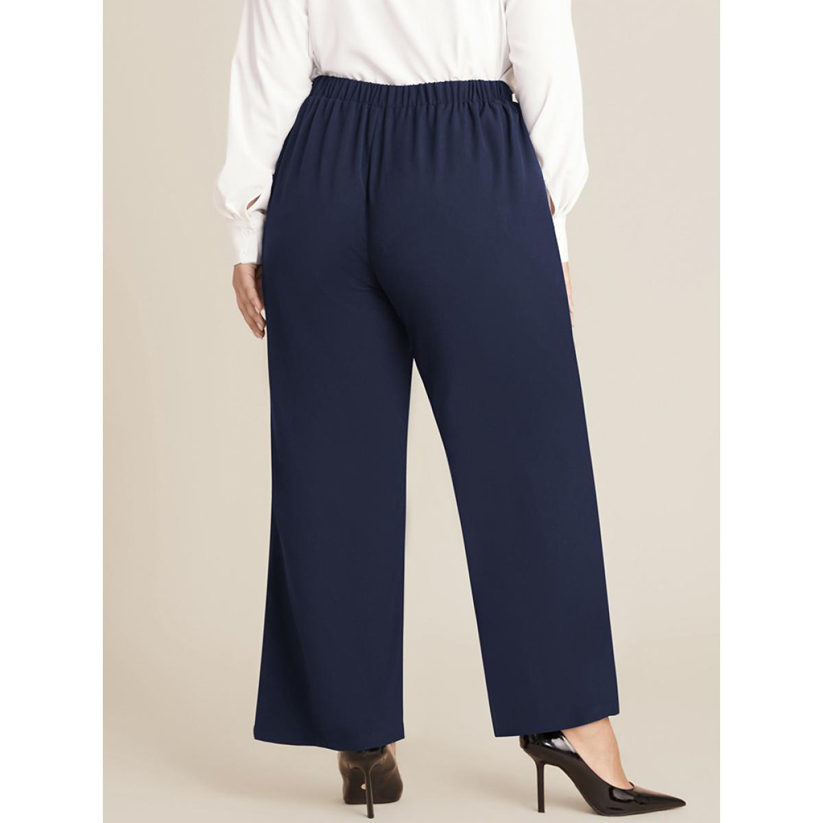 Plus Size Solid Elastic Waist Pocket Button Detail Pants Women Midnight Office Mid Rise Work Pants BloomChic 12/L Product Image