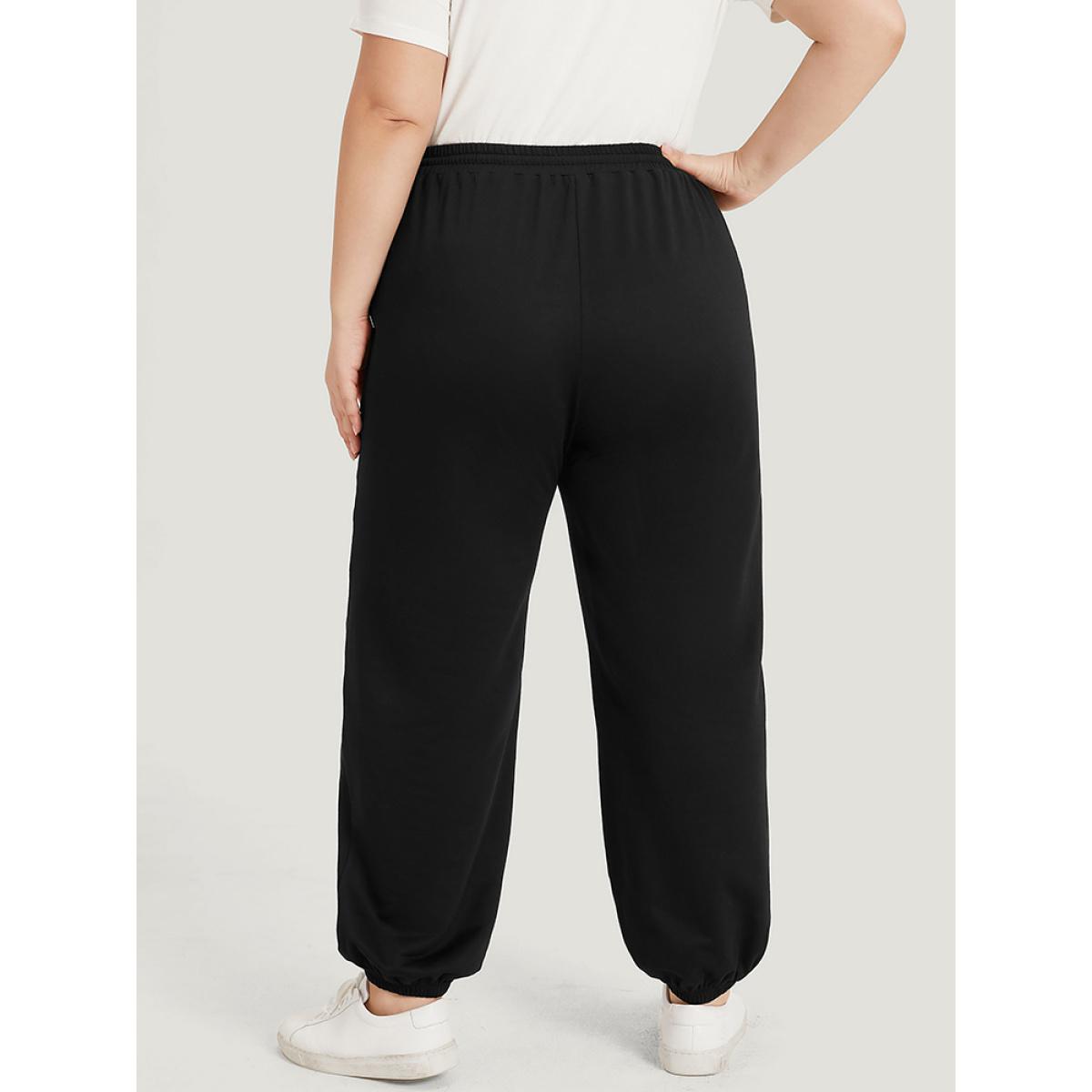 Moon and Star Print Pocket Drawstring Sweatpants Black Plus Size Women Casual Dailywear Plain 12/L Bloomchic Product Image