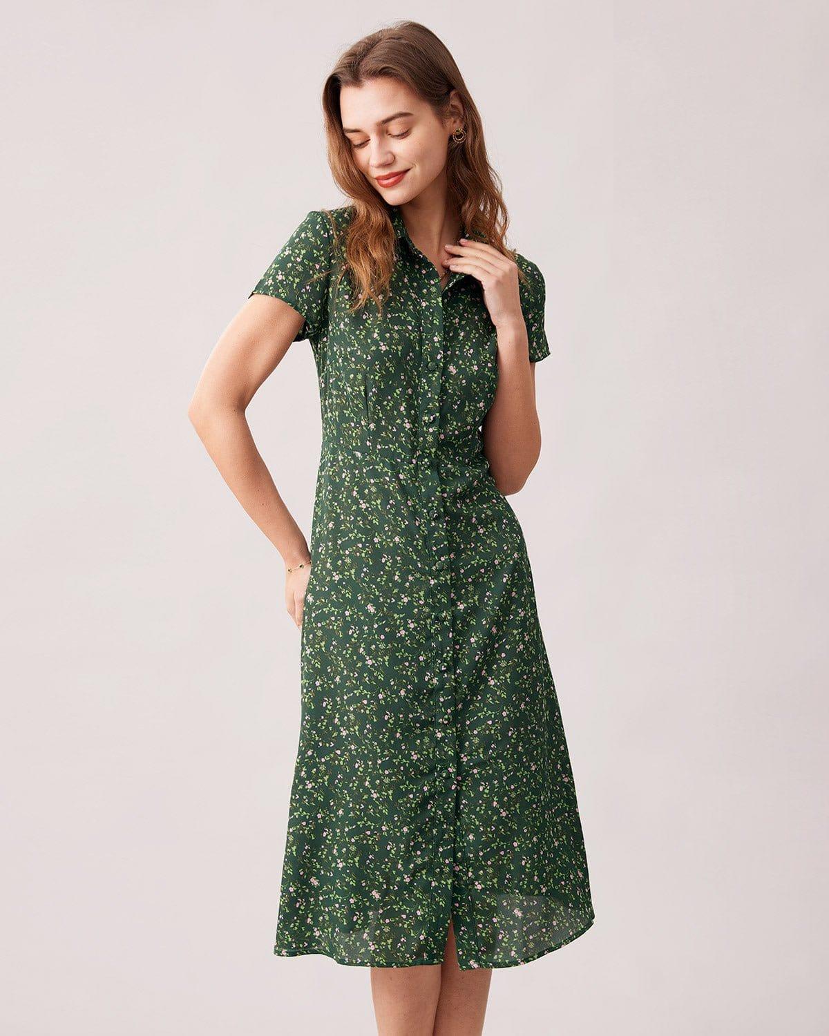 The Green Lapel Button Up Floral Midi Dress Female Product Image