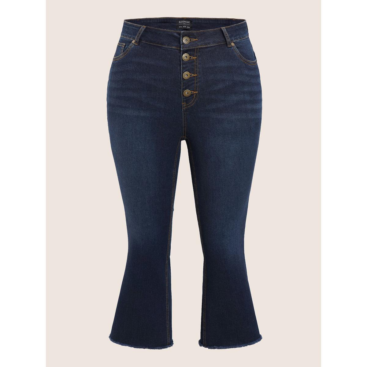 Plus Size Dark Wash Frayed Hem Cropped Bootcut Jeans Women Indigo Casual Plain Non High stretch Slanted pocket Jeans BloomChic 14/1X Product Image