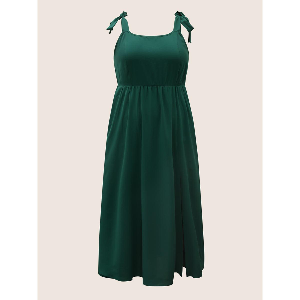 Plus Size Solid Tie Knot Slit Hem Dress DarkGreen Women Formal Tie knot Square Neck Sleeveless Curvy BloomChic 10/M Product Image