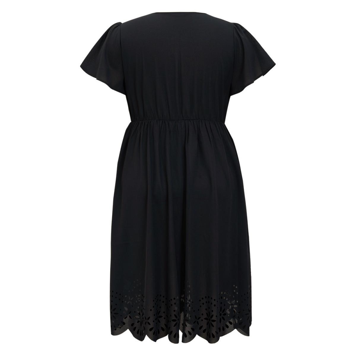 Plus Size Plain Wrap Pocket Scalloped Trim Laser Cut Flutter Dress Black Women Elegant Wrap V-neck Short sleeve Curvy Midi Dress BloomChic 12/L Product Image