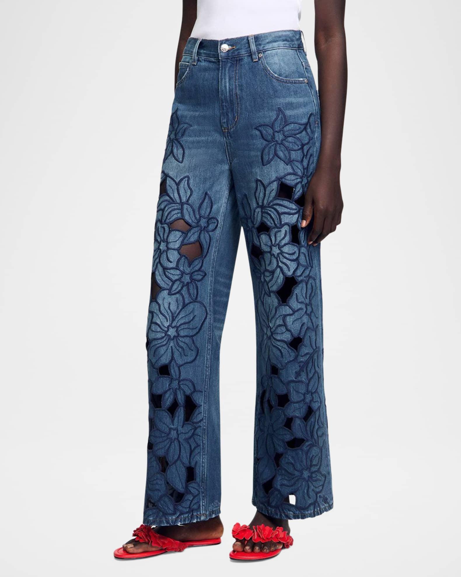 Spring Floral Embroidered Wide-Leg Jeans Product Image