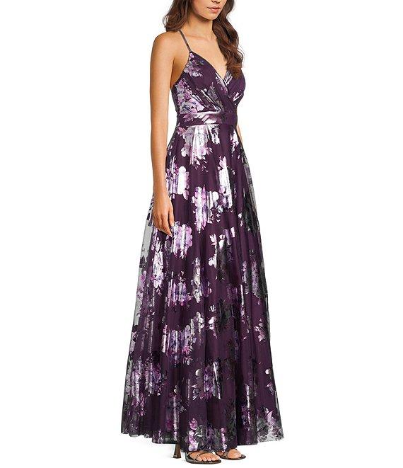City Vibe Floral Print Surplus Neckline X-Back Ballgown Product Image