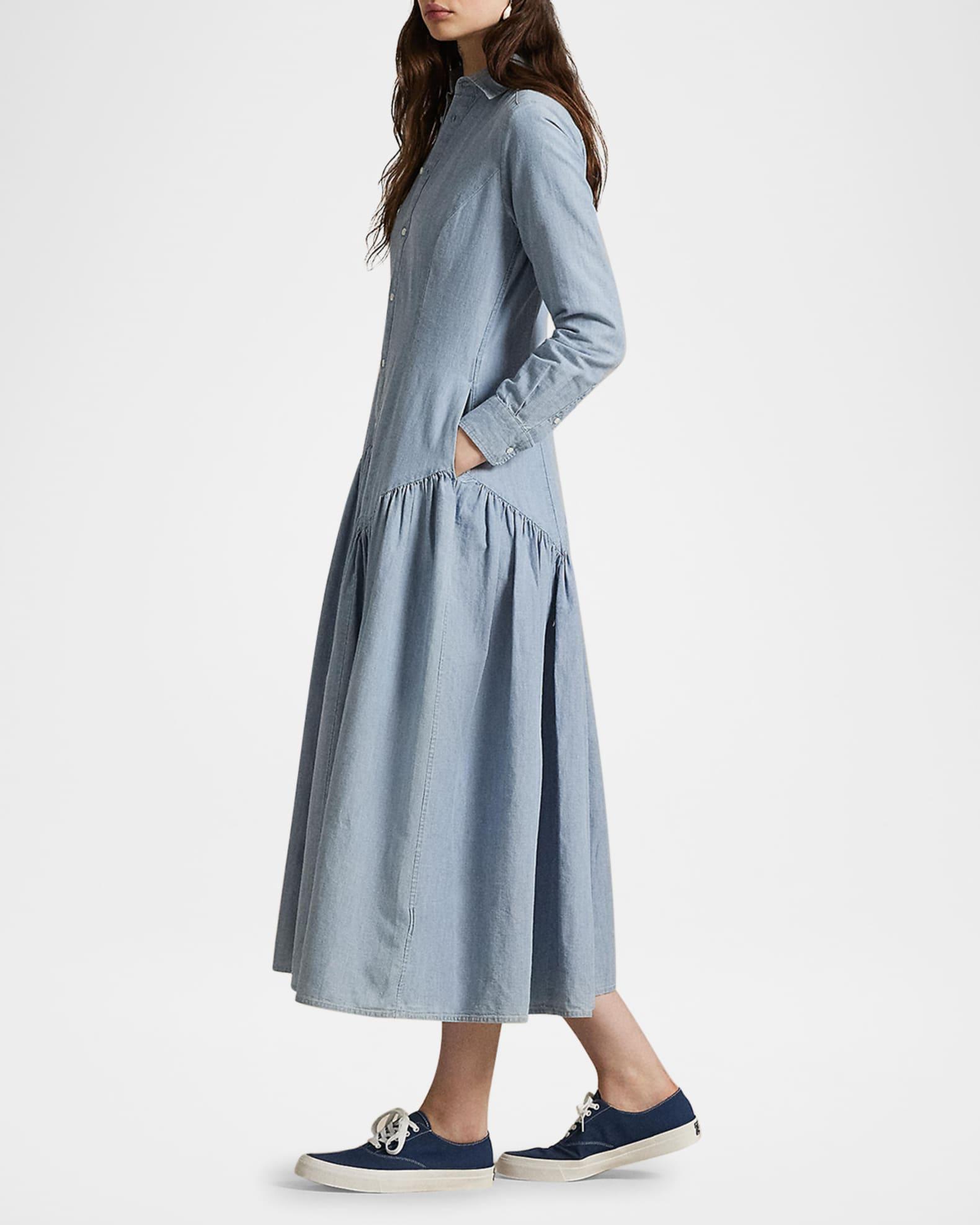 Long-Sleeve Cotton-Linen Chambray Shirtdress Product Image