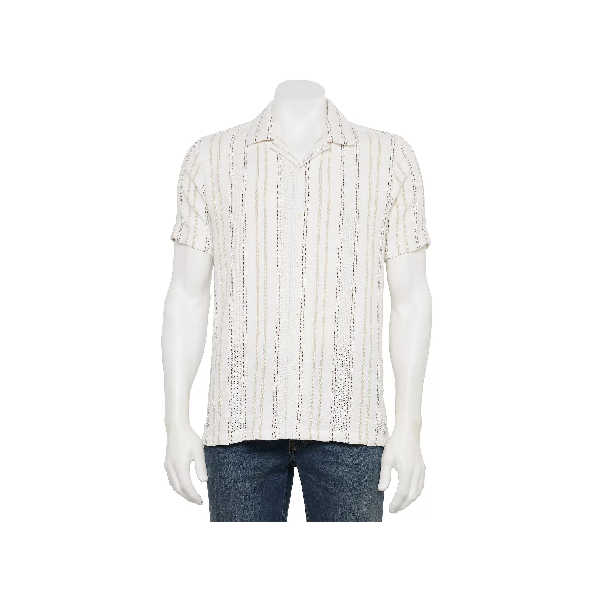 Men's Thomas Sterling Textured Button Down Shirt, Size: Large, Neutral Stripe Product Image