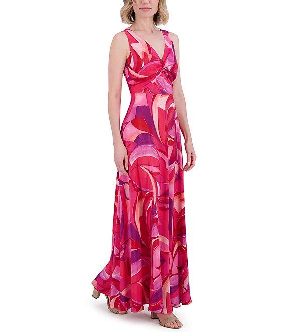 Eliza J Crepe Swirl Print V Neck Sleeveless Sheath Maxi Dress Product Image