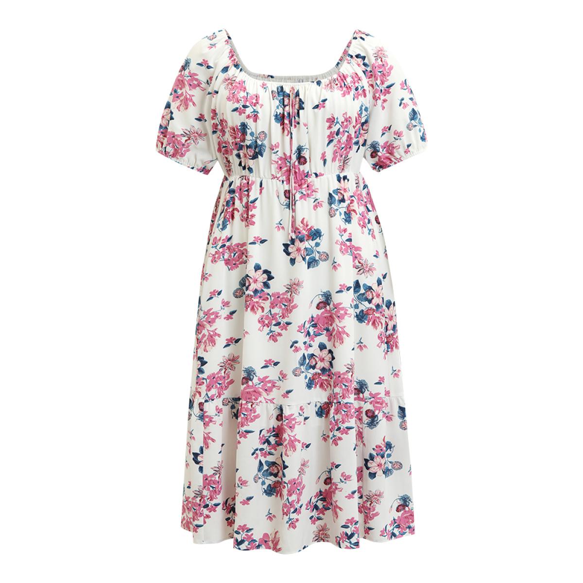 Plus Size Floral Puff Sleeve Pocket Knot Front Scoop Neck Flutter Dress White Women Elegant Lined Scoop Neck Short sleeve Curvy Midi Dress BloomChic 18-20/2X Product Image