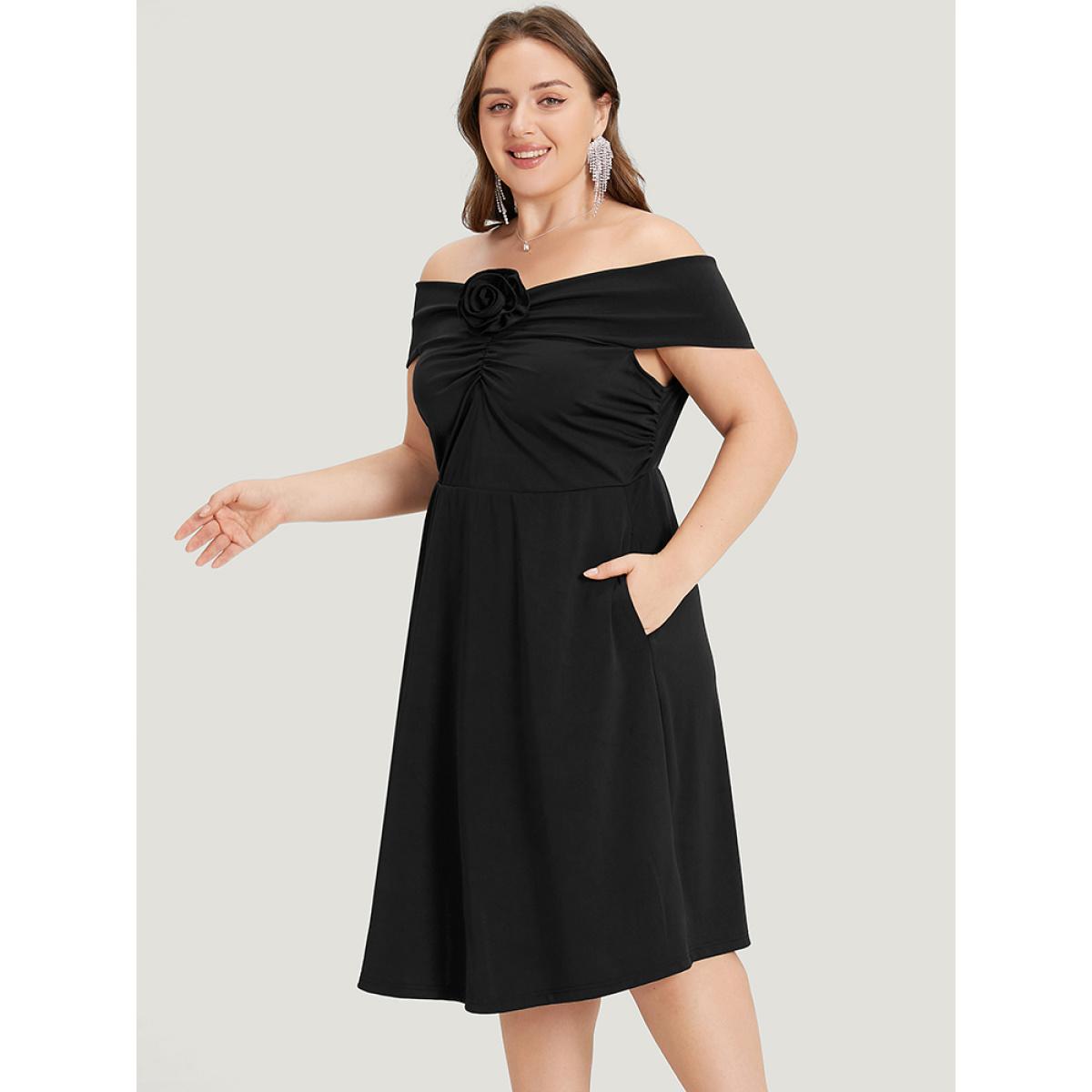 Plus Size Solid Pocket Floral Detail Ruched Off Shoulder Dress Black Women Glamour Gathered One-shoulder neck Sleeveless Curvy Midi Dress BloomChic 14-16/1X Product Image