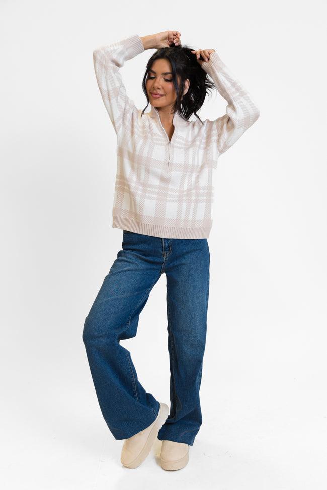 Make It Count Beige Plaid Printed Quarter Zip Pullover FINAL SALE Product Image