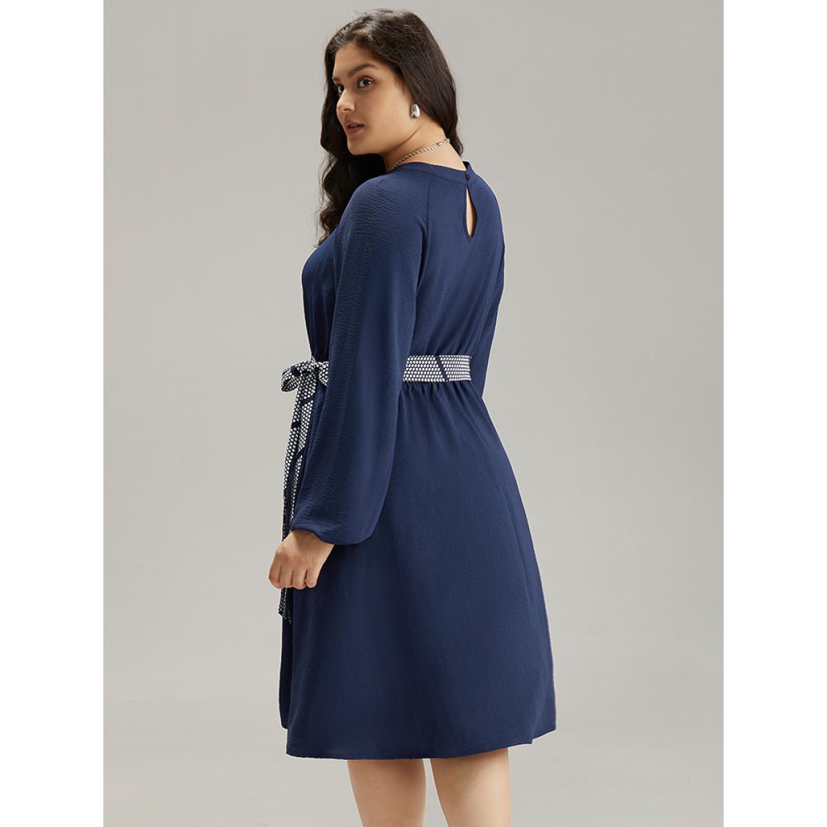 Plus Size Polka Dot Geometric Patchwork Belted Dress Navy Women At the Office Elastic cuffs Round Neck Long Sleeve Curvy Midi Dress BloomChic 22-24/3X Product Image
