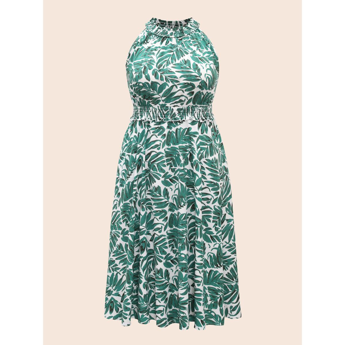 Plus Size Tropical Print Shirred Frill Trim Sleeveless Dress Emerald Women Resort Frill Trim Stand-up collar Sleeveless Curvy BloomChic 30/6X Product Image