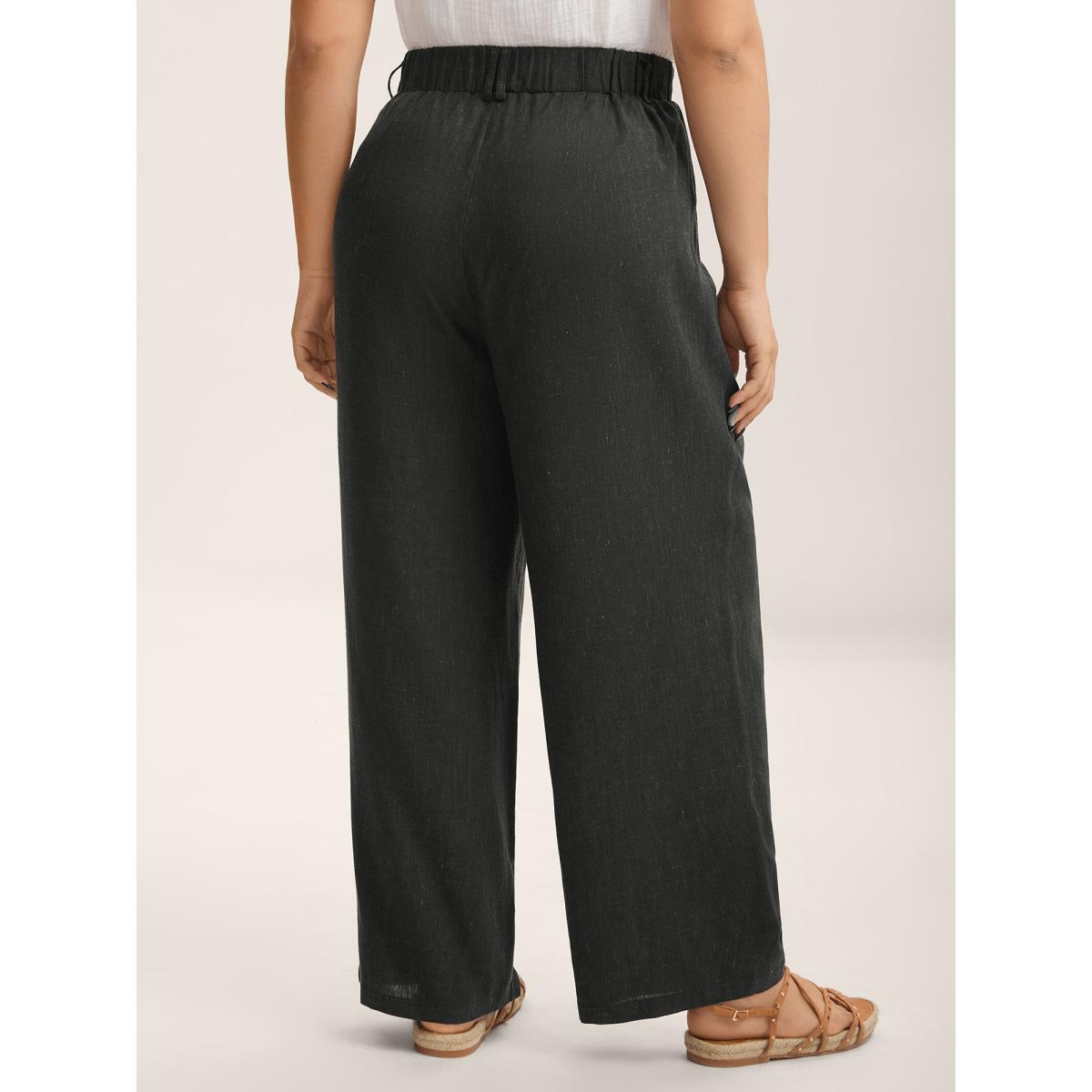 Plus Size Rayon-Linen Pleated Straight-Leg Pants Women Black Resort Straight Leg Mid Rise Vacation Pants BloomChic 14-16/1X Product Image