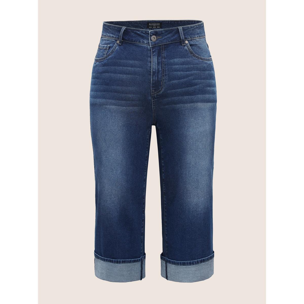 Plus Size Dark Wash Roll Hem Cropped Wide Leg Jeans Women Denimblue Casual High stretch Slanted pocket Jeans BloomChic 18/2X Product Image