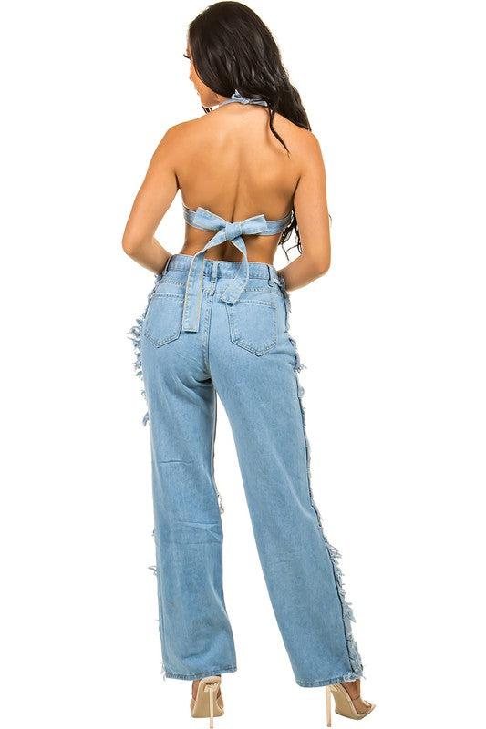 SEXY DENIM TWO PIECE PANT SET Product Image