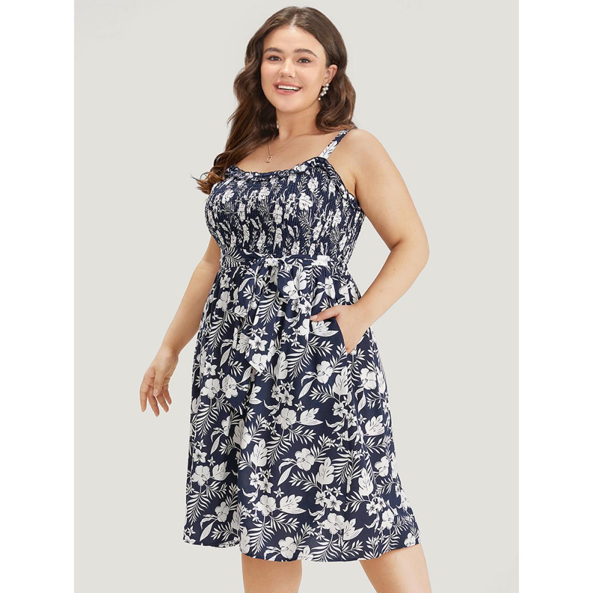 Plus Size Floral Print Spaghetti Strap Shirred Belted Pocket Dress DarkBlue Women Elegant Belted Spaghetti Strap Sleeveless Curvy Midi Dress BloomChic 30/6X Product Image