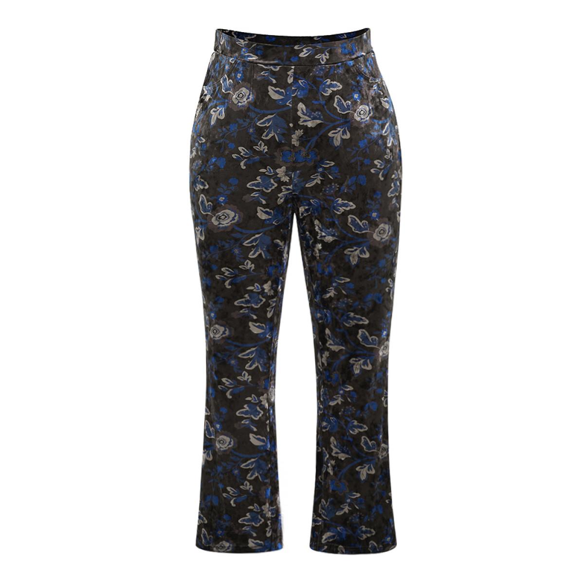 Plus Size Velvet Floral Elastic Waist High Rise Bootcut Pants Women Black Elegant Bootcut High Rise Dailywear Pants BloomChic 22-24/3X Product Image