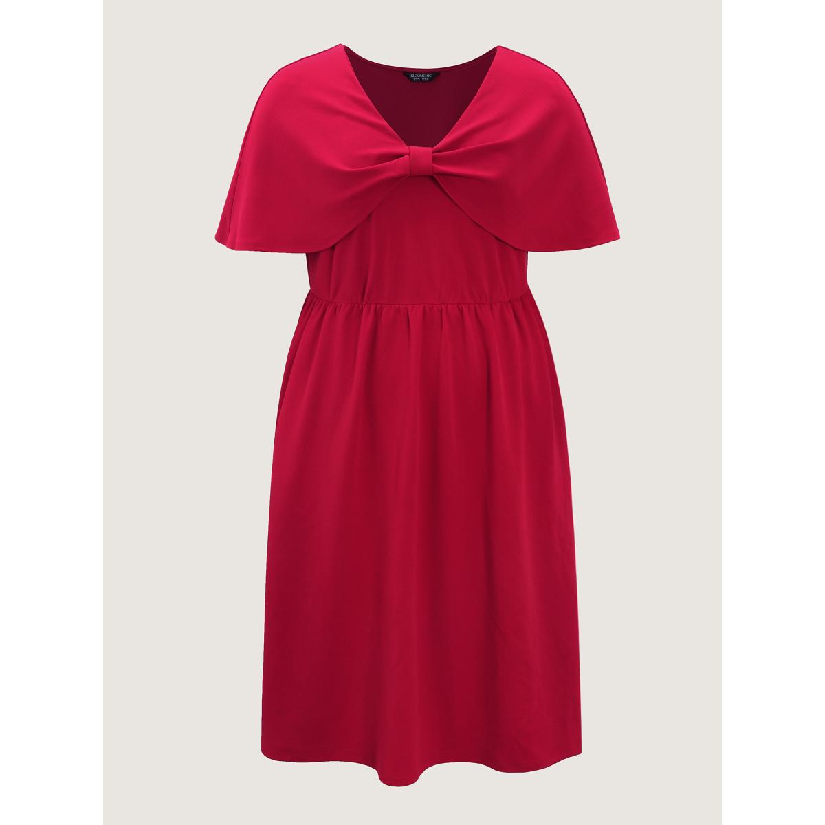 Plus Size Bow Cape Detail Waist-Defining Midi Dress Brightred Women Party&Cocktail One-shoulder neck Half Sleeve Curvy BloomChic 18-20/2X Product Image