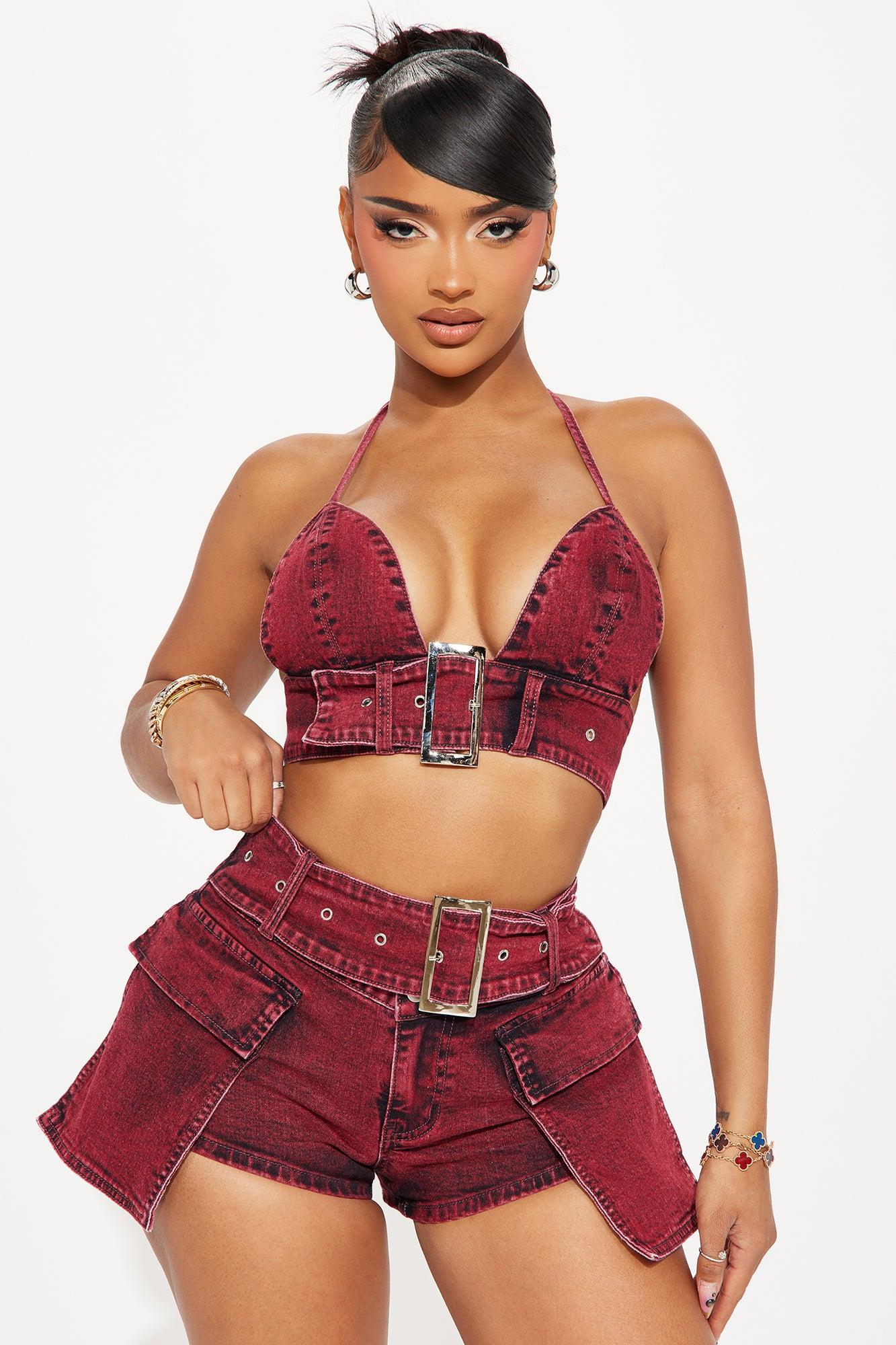 Lola Washed Denim Short Set - Burgundy Product Image