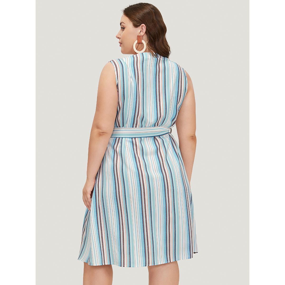Plus Size Striped Contrast Belted Pocket Notched Tank Dress LightBlue Women Casual Contrast Notched collar Sleeveless Curvy Midi Dress BloomChic 28/5X Product Image