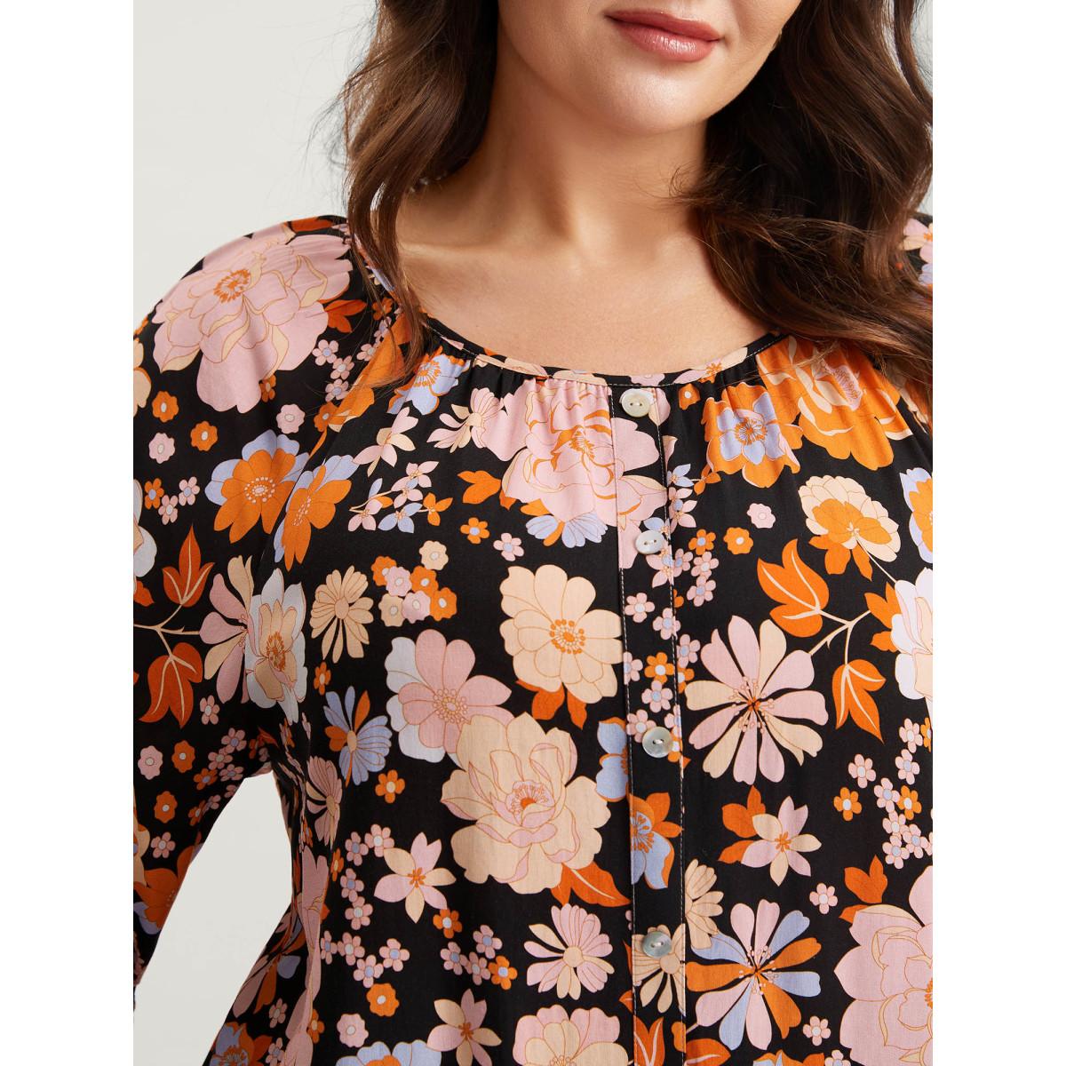 Plus Size Black Floral Textured Button Placket Blouse Women Elbow-length sleeve Round Neck Elegant Blouses BloomChic 26/4X Product Image